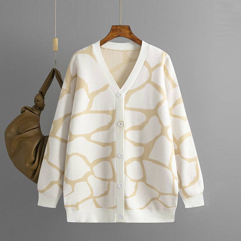 V-Neck Jacquard Sweater with Animal Print Pattern and Long Line Baggy Coat  One Size Apricot 