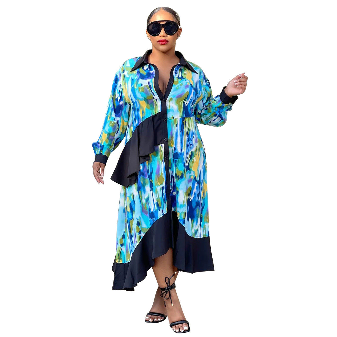 Plus Size Autumn Printed Stitching Irregular Asymmetric Hem Shirt Dress Loose Casual Dress - Wild Amber Fashion