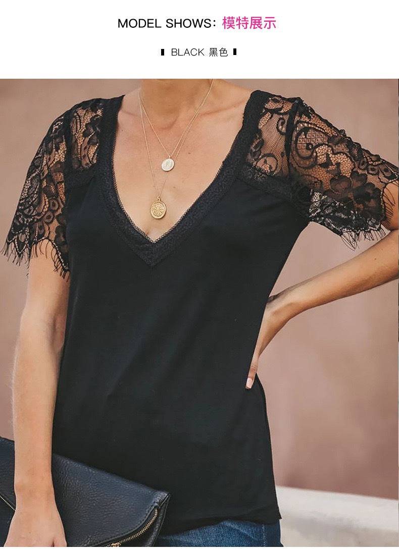 Elegant V-Neck Lace and Feather Detail Women's Top  S Black 