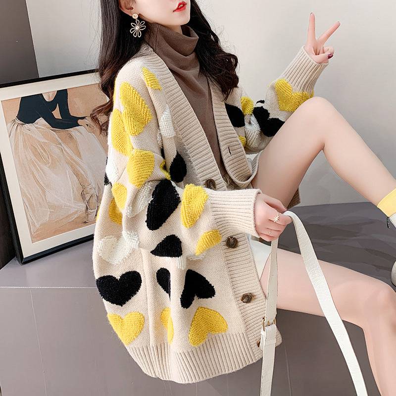 Loose Lazy Sweater Coat for Women Autumn Winter Thickening Korean Fashionable Long Sweater Cardigan  One Size Khaki 