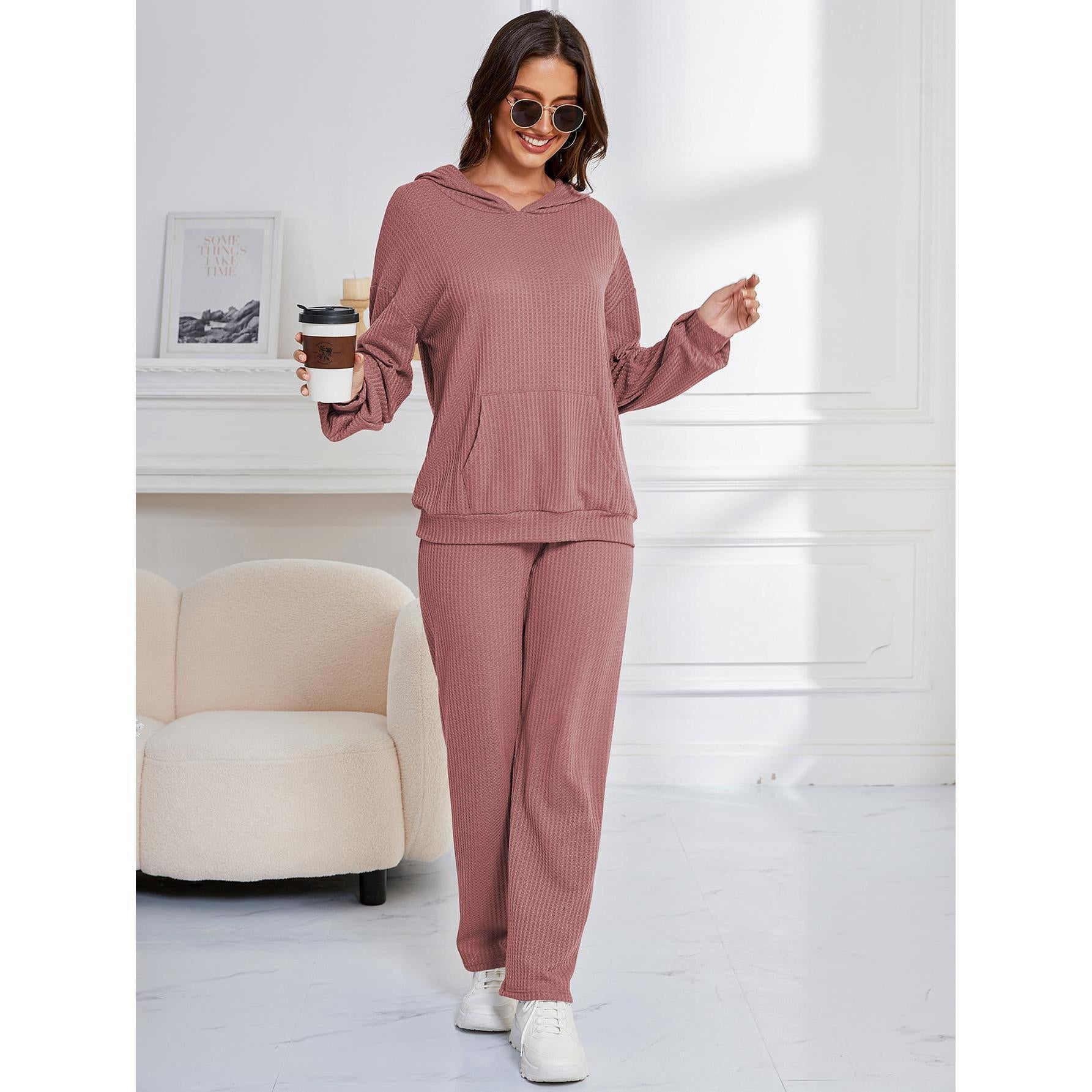 Hooded Casual Suit Women Pajamas Waffle Loose Long Sleeved Trousers Two Piece Home Wear - Wild Amber Fashion