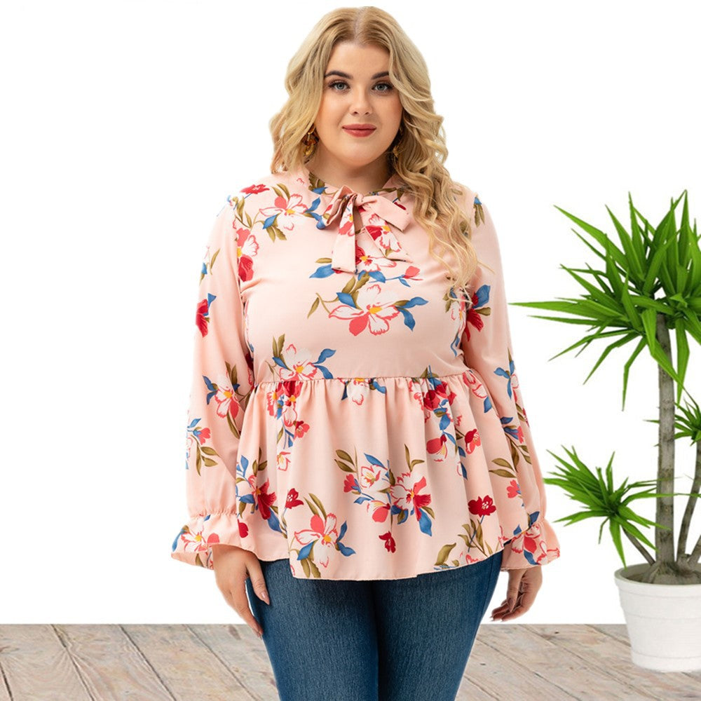 Plus Size Women Clothing Spring Autumn Full Figured Girl Long Sleeve Printed Top - Wild Amber Fashion