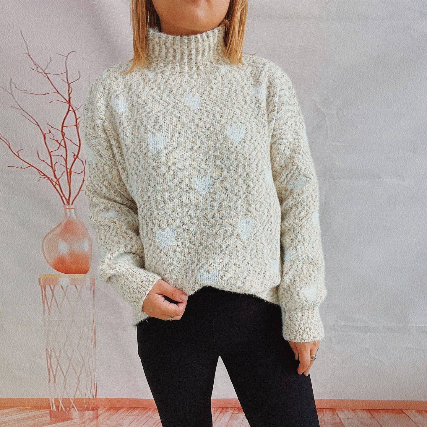 Lovely Heart Jacquard Knit Pullover for Autumn/Winter  S Khaki 