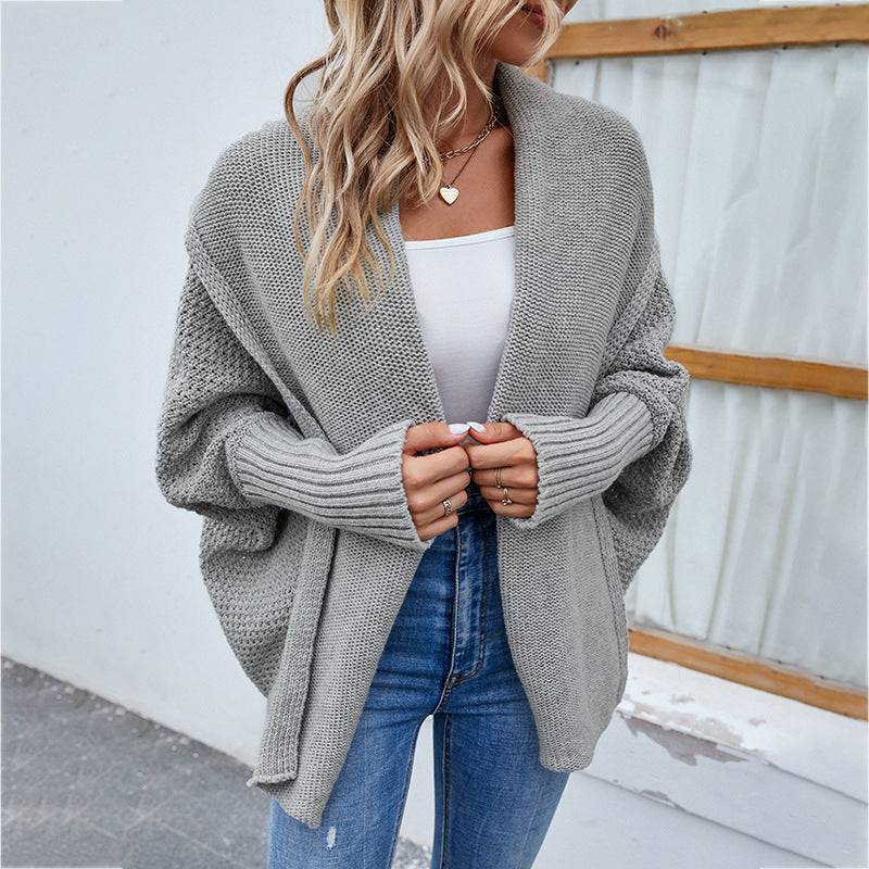 Women's Loose-Fit Knitted Batwing Sleeve Cardigan Coat  L Gray 