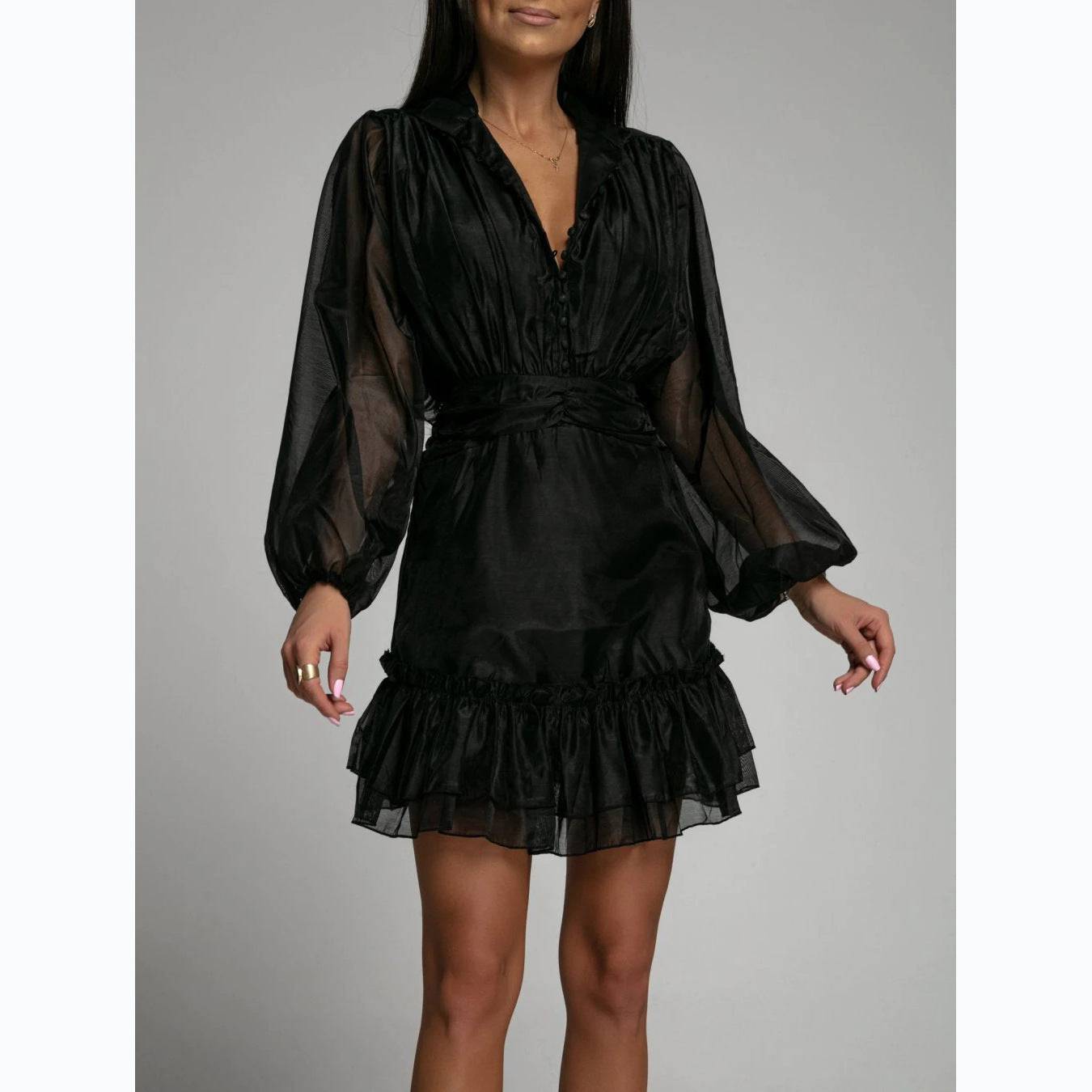 Elegant Single-Breasted Ruffled Organza Dress with Waist Trimming  S Black 