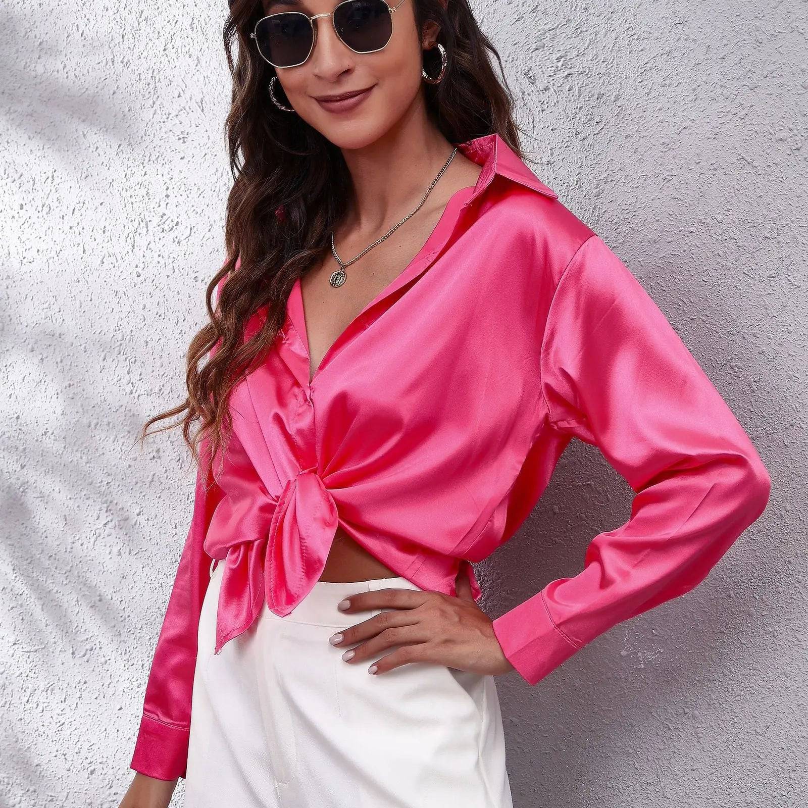 Satin Silk Long Sleeve Shirt for Women  S Coral Red 