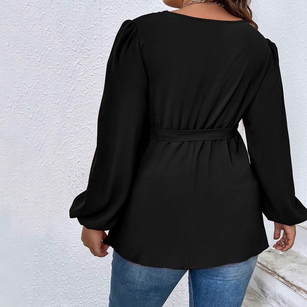 Plus Size Women Clothes V neck Lantern Sleeve T shirt Autumn Winter Elegant Slim Top - Wild Amber Fashion