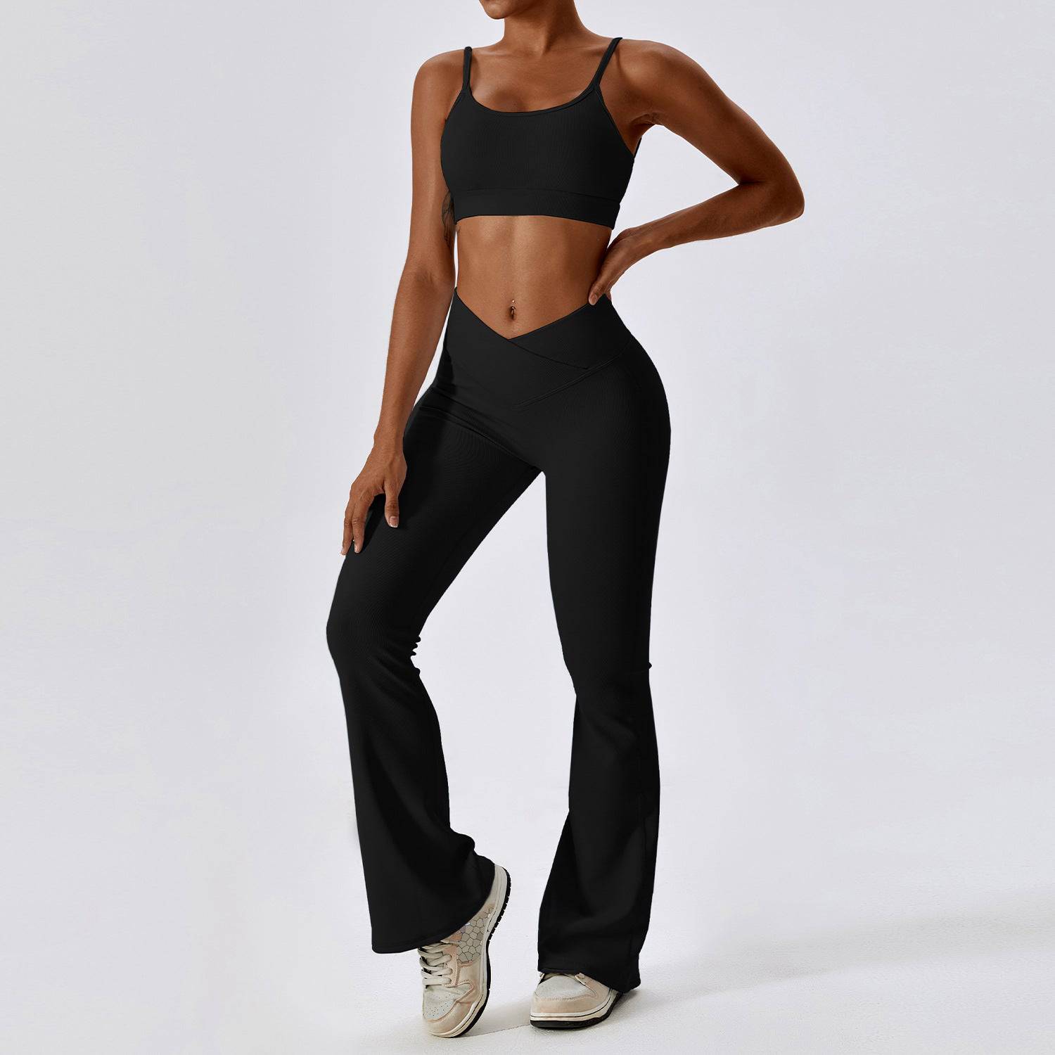 High-Rise Slim Fit Quick Drying Yoga Suit with Lace-Up Detail and Cutout Design  S -1 Bra Bell-Bottom Pants Premium Black 