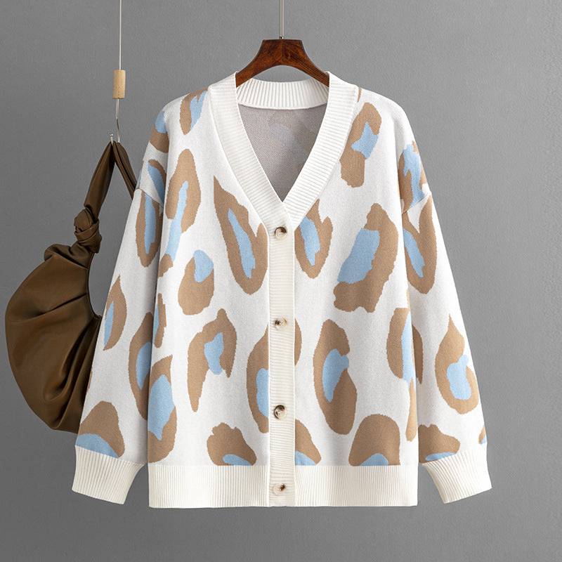 Leopard Jacquard Long Cardigan for Women - Fall/Winter Knitwear  One Size Light Blue 