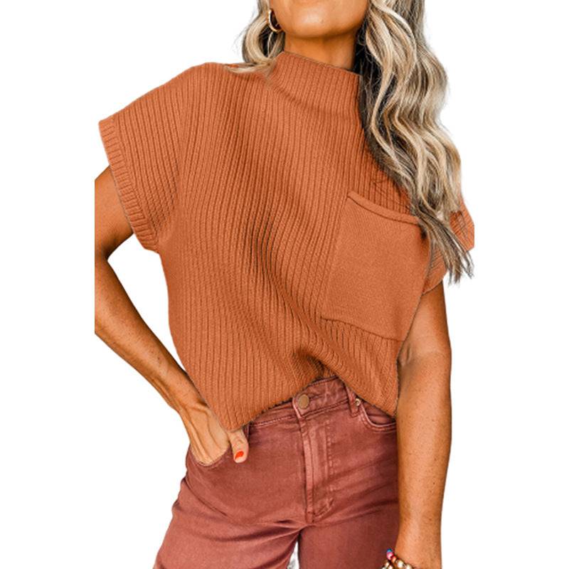 Simple High Collar Solid Color Short Sleeve Sweater for Women  S Orange 