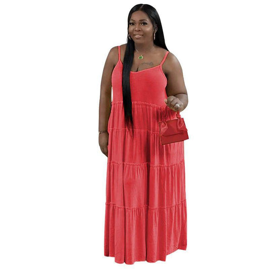 Summer Chic Plus Size Solid Color Casual Dress with Sexy Strap Pleated Stitching  XL Melon Red 