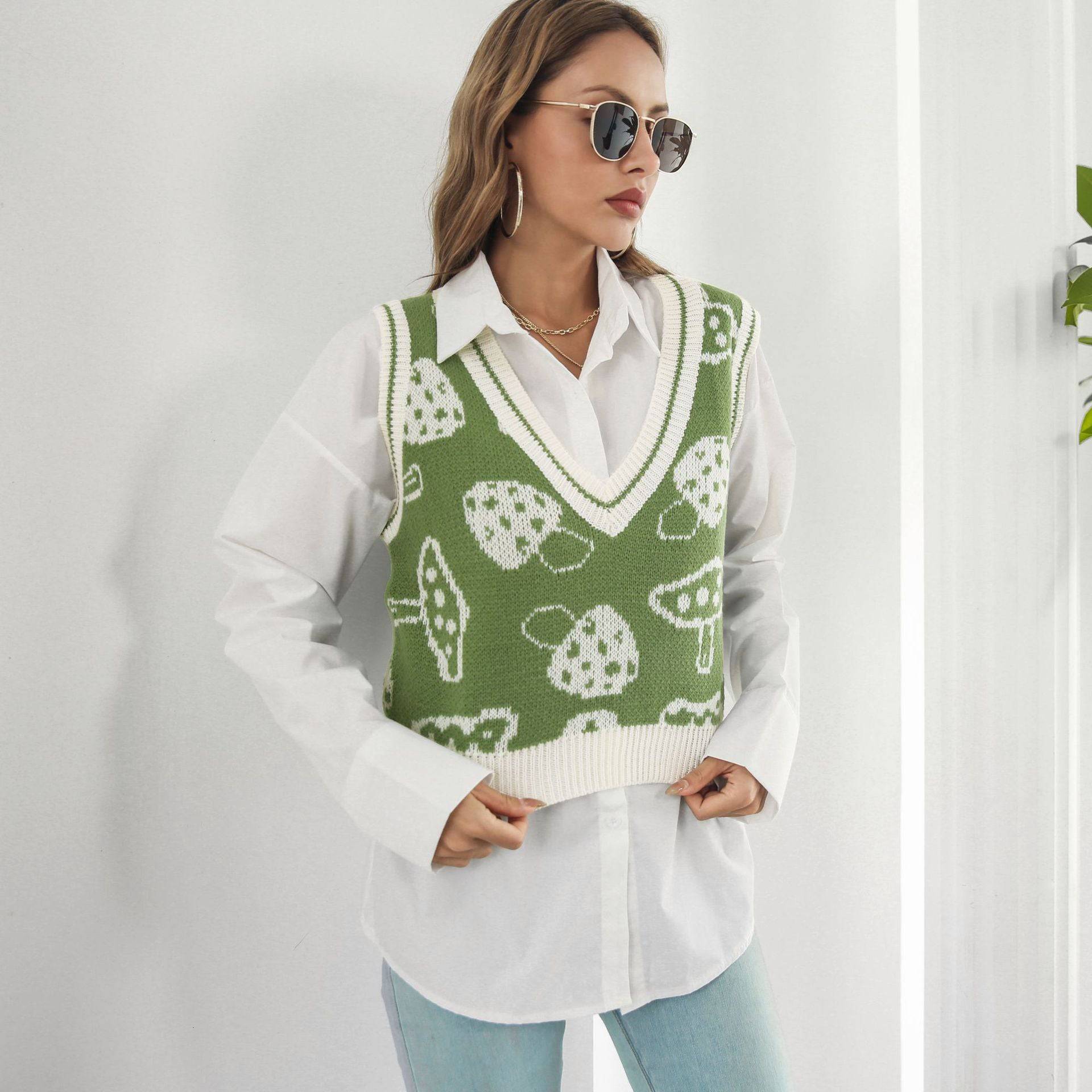 Preppy Cute Mushroom Jacquard Sweater Vest  S Light Green 