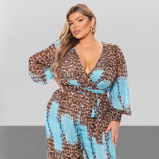 Plus Size Plus Size V neck Chiffon Jumpsuit Leopard Print Fashion Sexy Long with Belt - Wild Amber Fashion