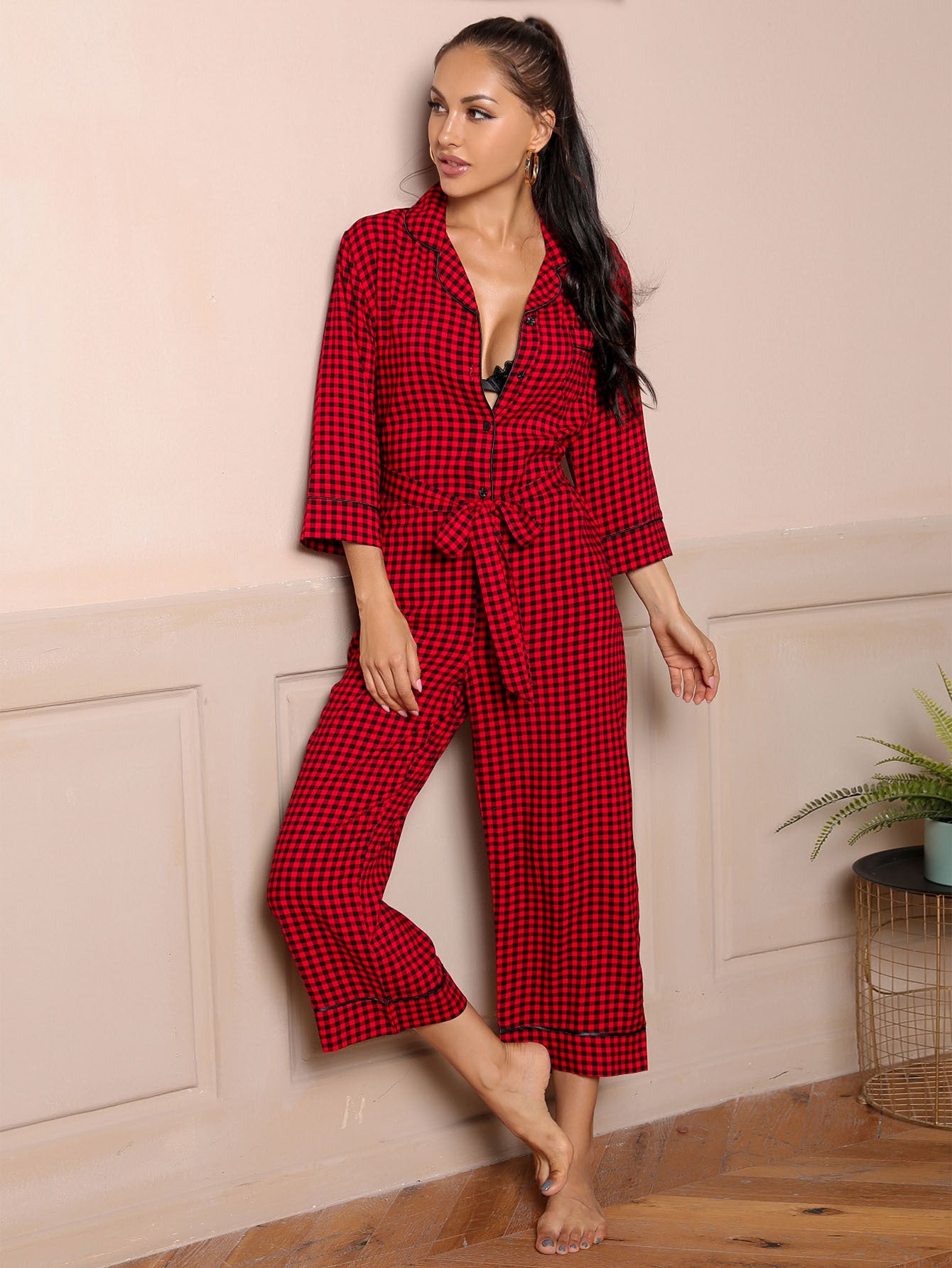 Spring Summer Pajamas Three Quarter Length Sleeves Cardigan V neck Simplicity Red Plaid Jumpsuit Home Wear - Wild Amber Fashion