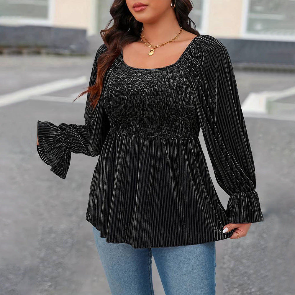 Plus Size Women Square Collar Flare Sleeve T Shirt Autumn Winter Elegant Waist Slimming Velvet Top - Wild Amber Fashion