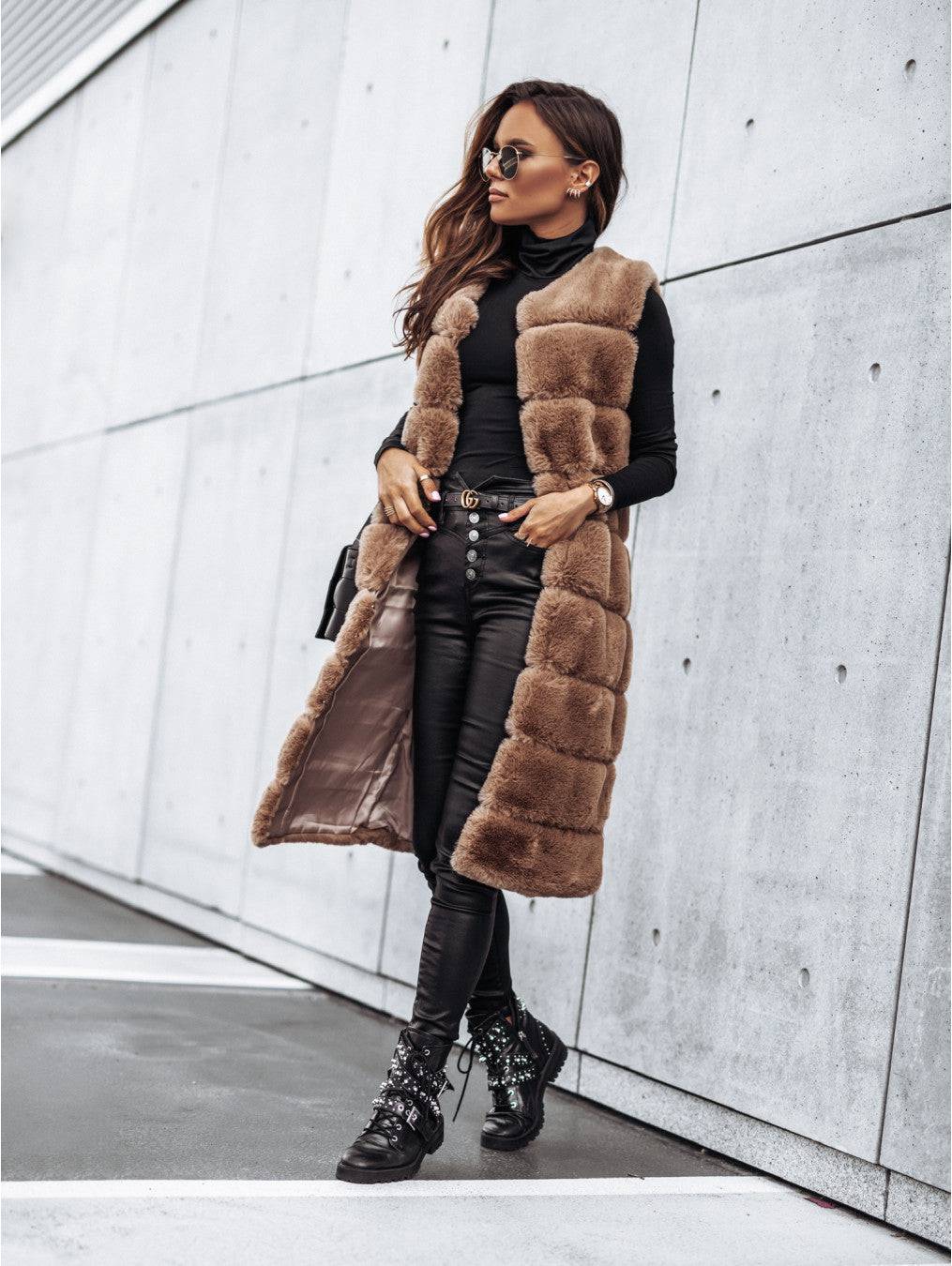 Fur-lined Long Vest Coat for Women's Autumn/Winter Casual Wear  S Khaki 