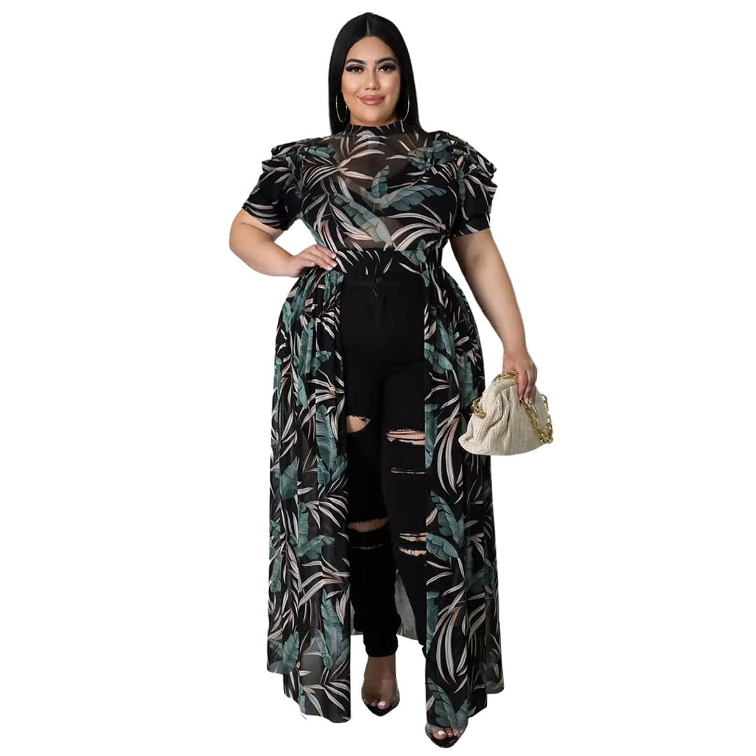 Oversized Sleeves Mesh Hollow Out Cutout Dress Top for Plus Size Women Nightclub Uniforms  XL Turquoise 