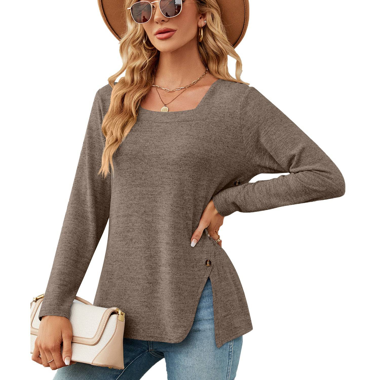 Elegant Square Collar Long Sleeve T-shirt for Women  S Coffee 