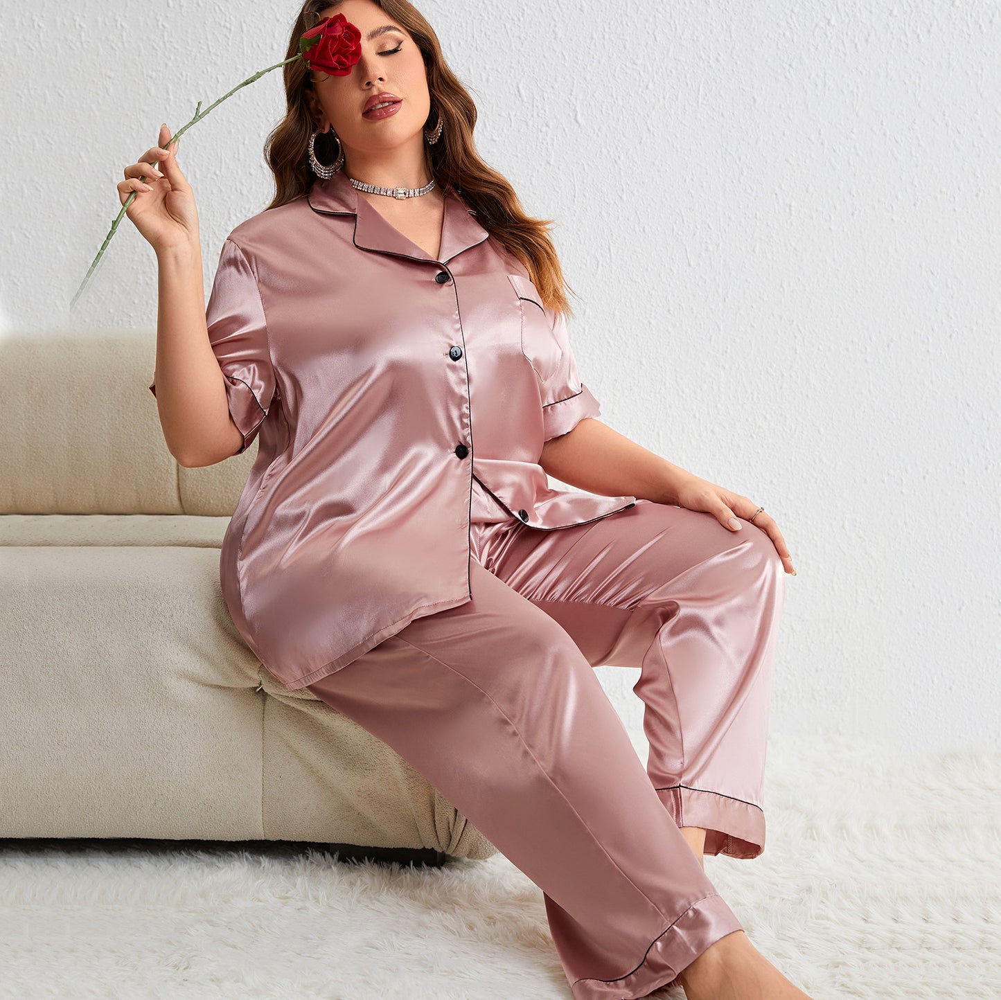 Elegant Plus Size Summer Two-Piece Pajama Set for Casual Wear  1XL Pink 