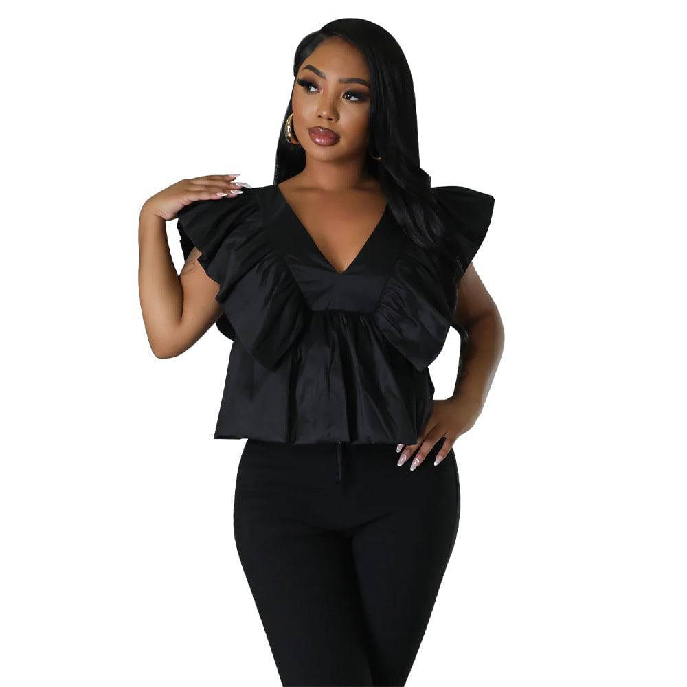 Elegant V-Neck Backless Lace-Up Flutter Sleeve Top  S Black 