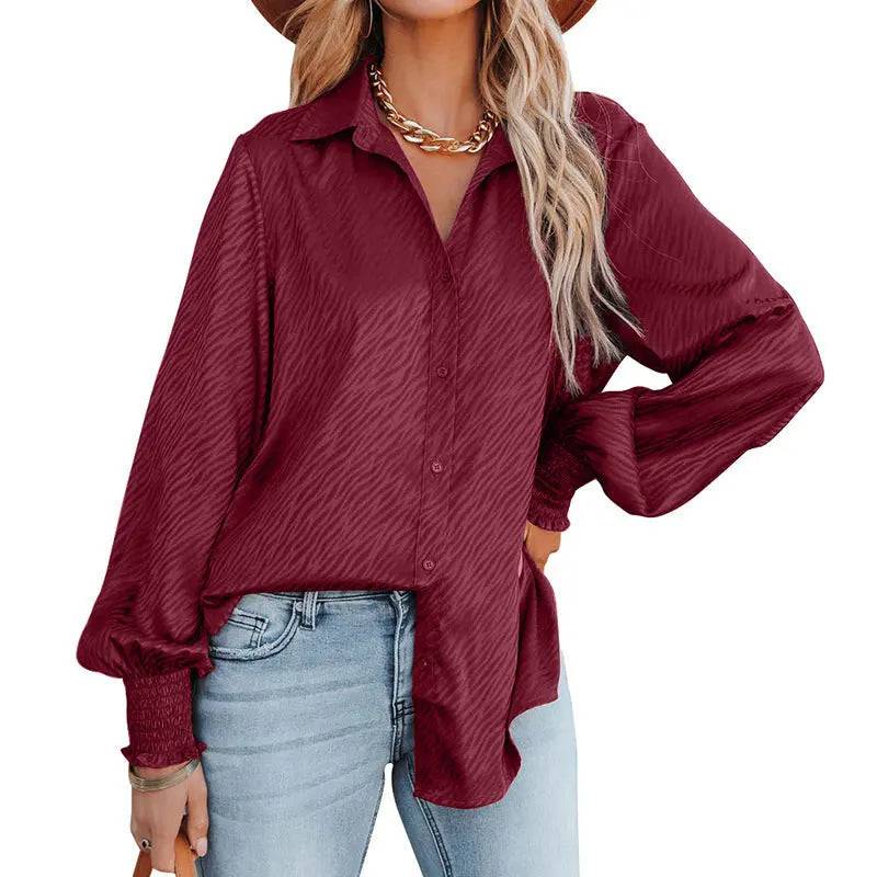 Zebra Pattern Collared Loose Top Lantern Sleeve Shirt for Women  S Burgundy 