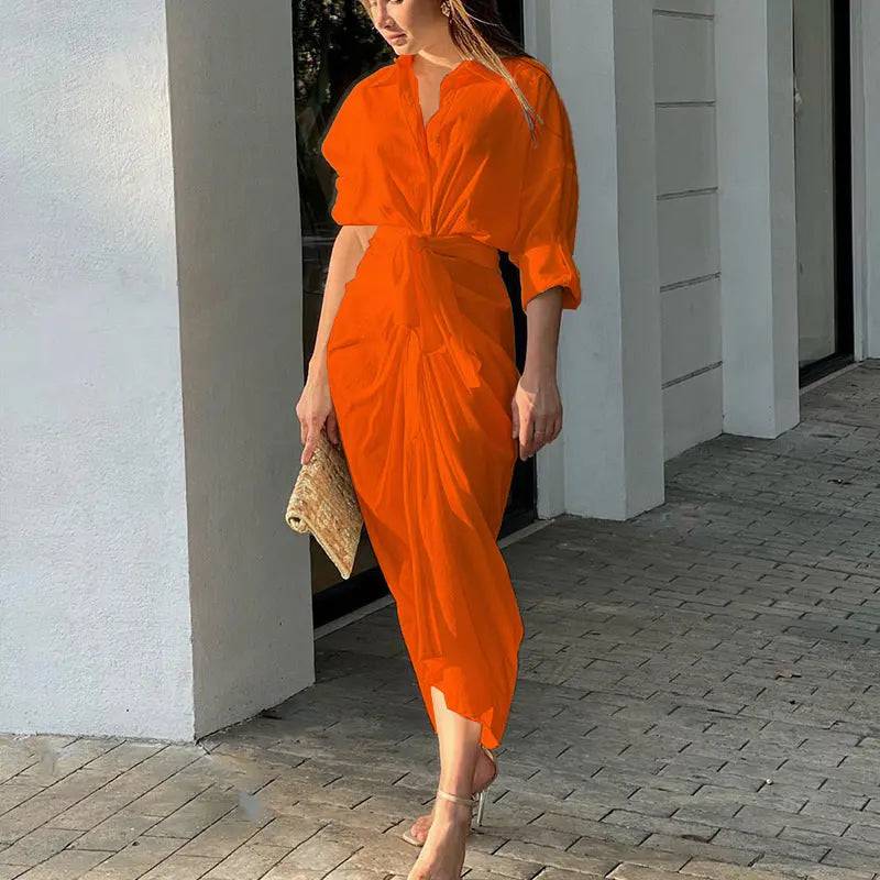 Elegant Collared Shirt Dress with Ruched Detail for Workwear  S Orange 