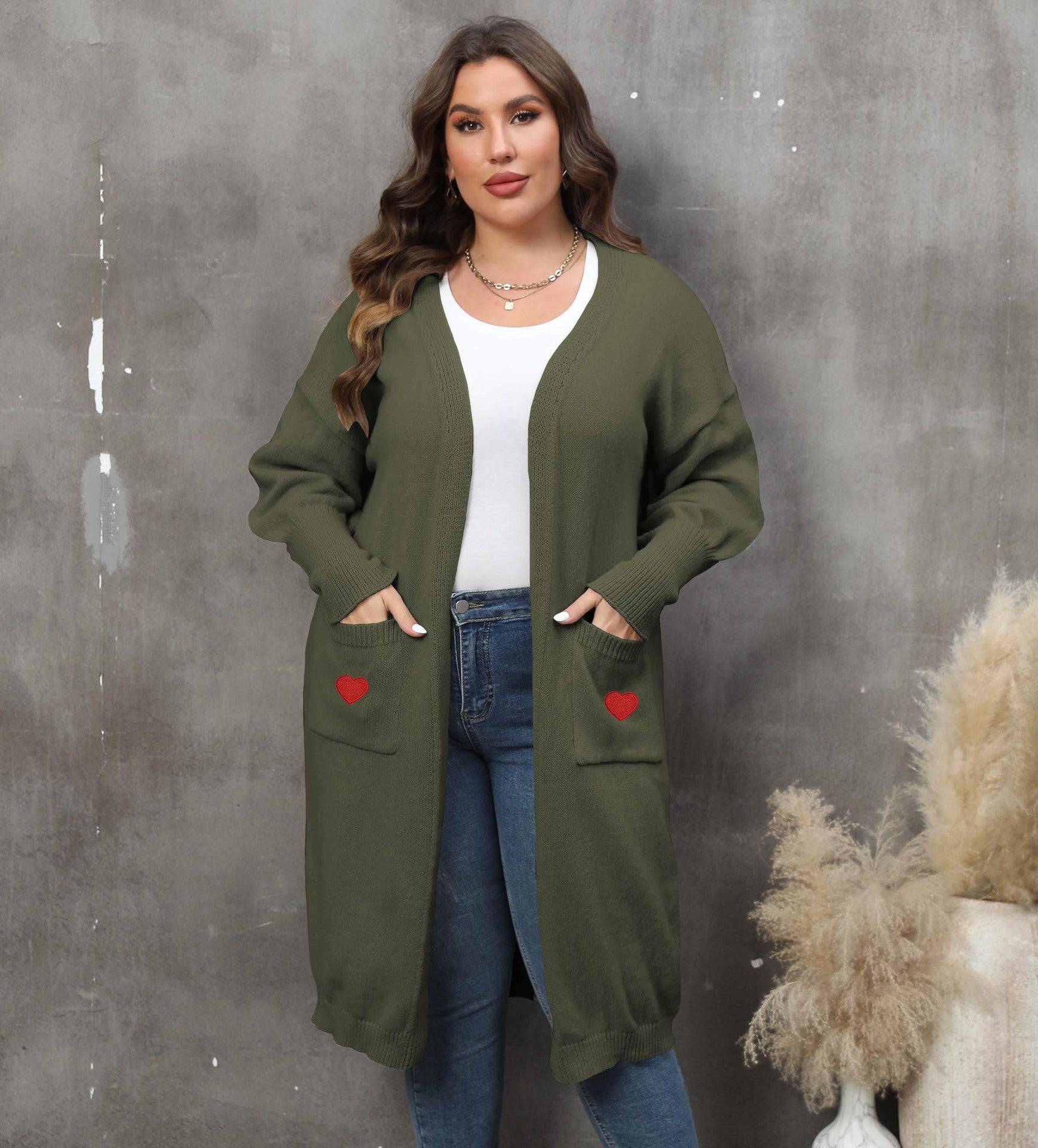 Women plus Size Women Clothes Mid Length Woven Sweater Love Double Pocket Lantern Sleeve Sweater Cardigan - Wild Amber Fashion