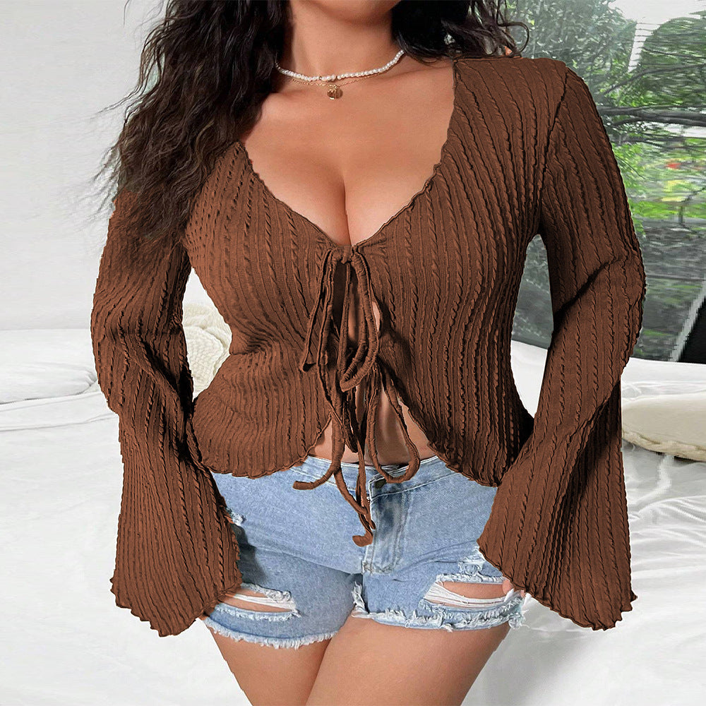 Plus Size Women Sexy Sweet Spicy V neck T shirt Autumn Winter Bell Sleeve Slim Fit Tied Cardigan Top - Wild Amber Fashion