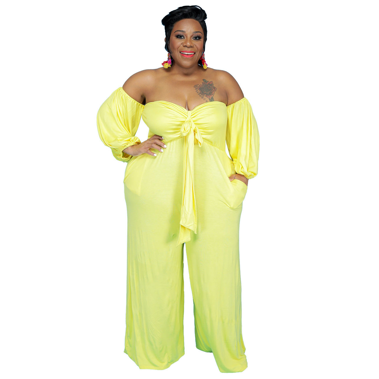 Plus Size Sexy Tube Top Solid Color Jumpsuit Wide Leg Pants - Wild Amber Fashion