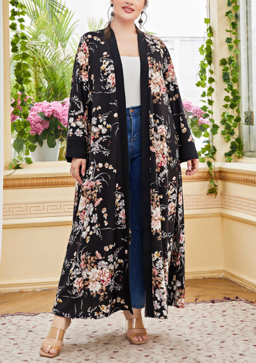 Plus Size Cardigan Coat Color Printing Artistic Long Sleeve Elegant Chiffon Women - Wild Amber Fashion