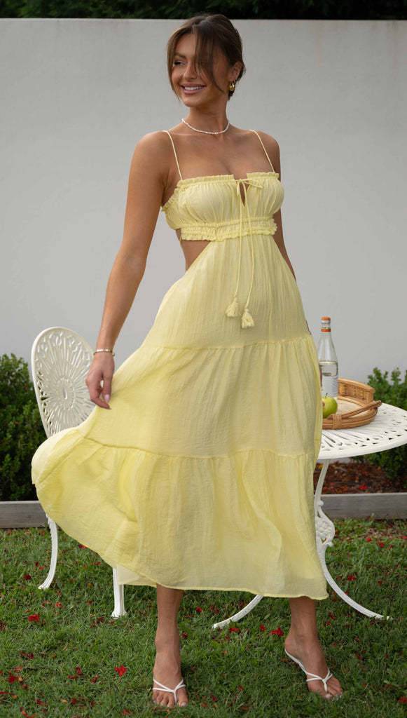 V Neck Sleeveless Chiffon Maxi Dress with Solid Color Stitching  S Yellow 