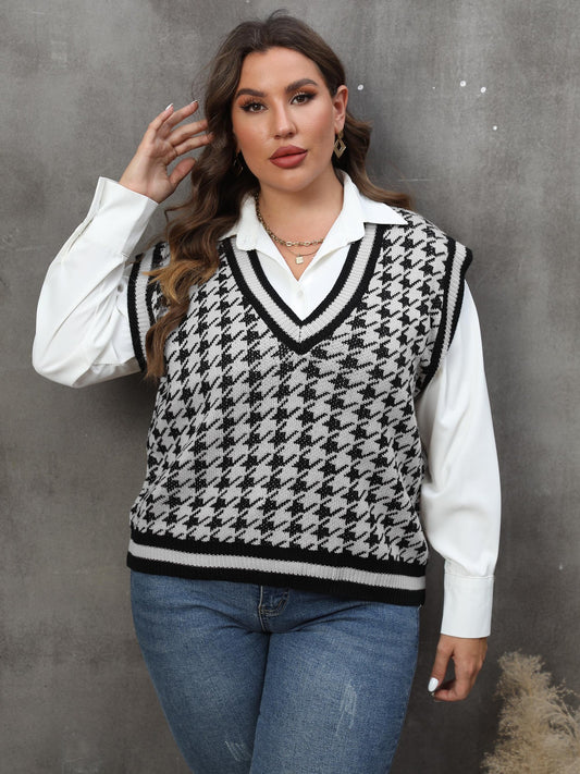 Plus Size Women Clothes Striped Color Contrast Patchwork Houndstooth Casual Vest Vest Top - Wild Amber Fashion