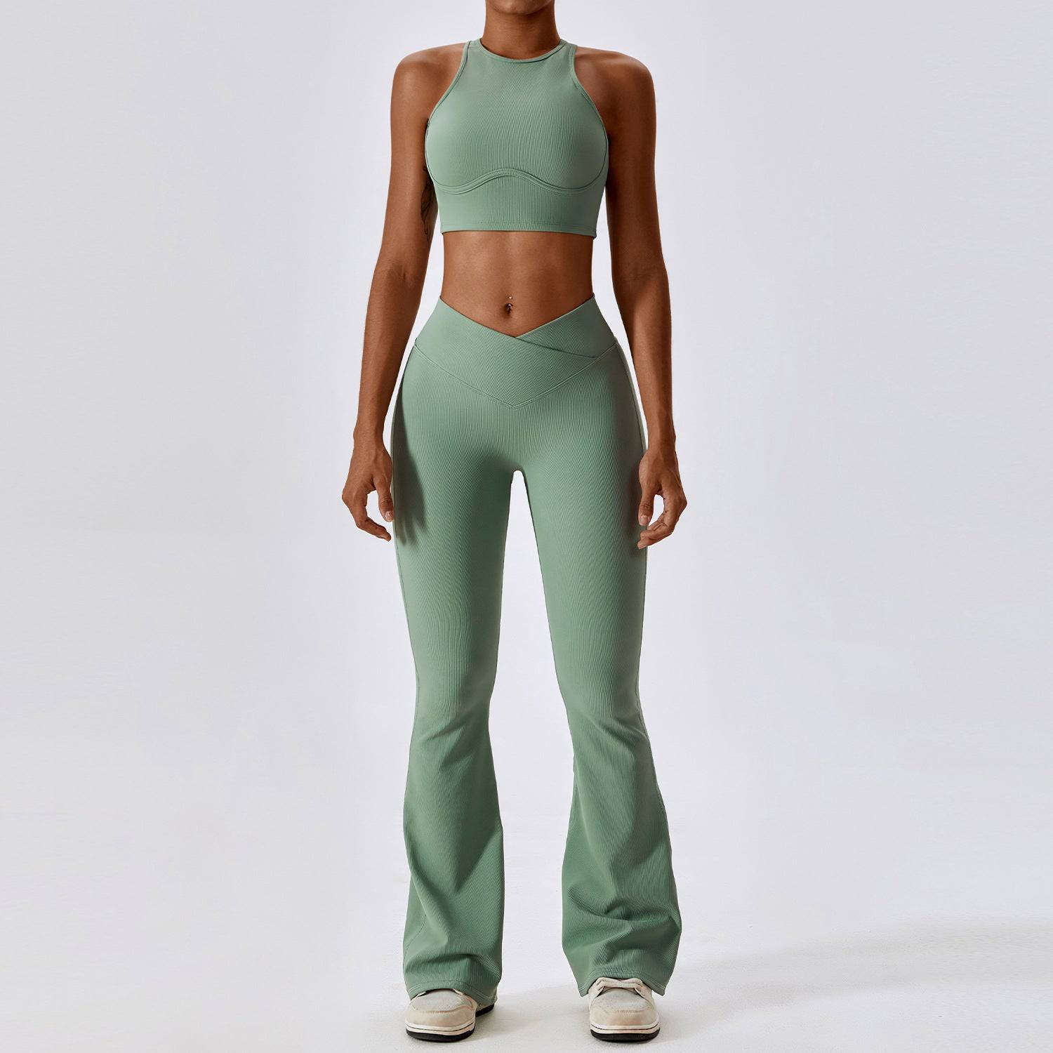 High-Rise Slim Fit Quick Drying Yoga Suit with Lace-Up Detail and Cutout Design  S -2 Bra Bell-Bottom Pants Basil Green 