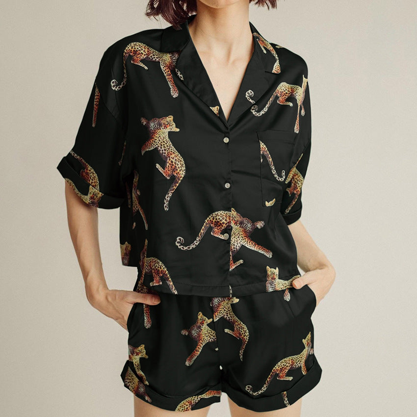 Summer Chic Graphic Print Two Piece Pajama Set for Women  S Black 