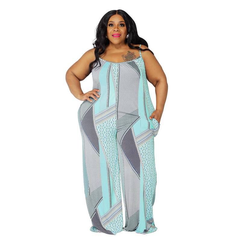 Plus Size Suspender Printed Loose Casual Women Clothing One-Piece Trousers - Wild Amber Fashion