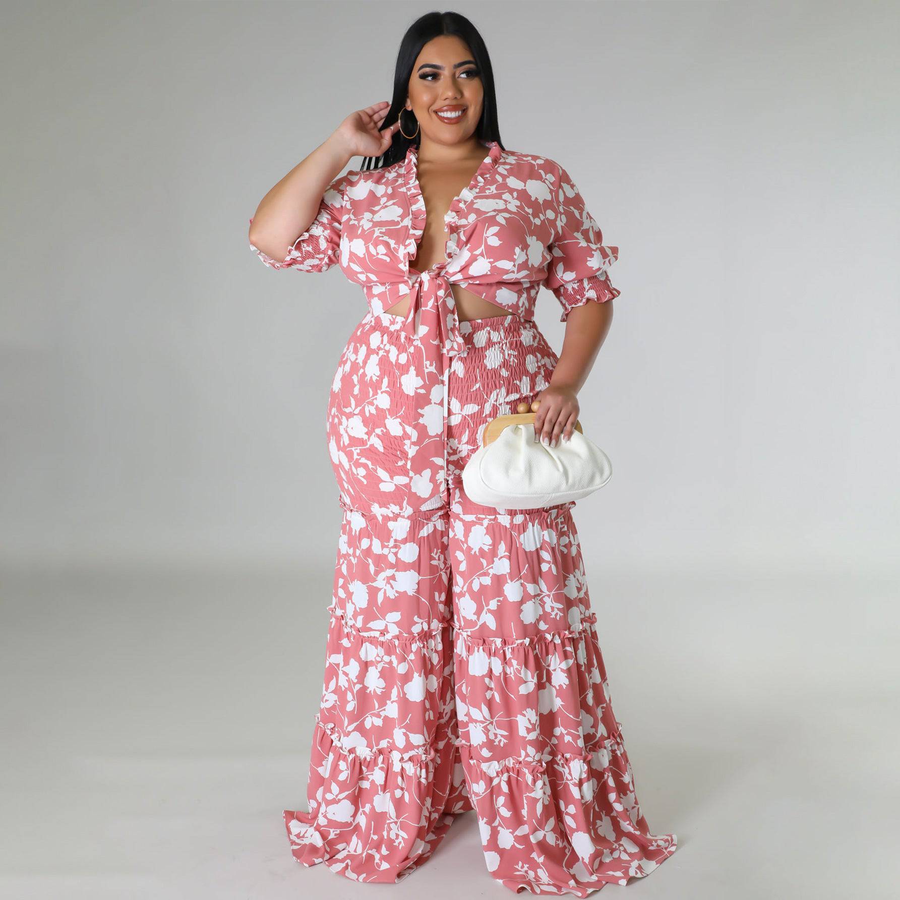 Plus Size Women Strap Printing Two Piece Suit Wide Leg Pants Summer - Wild Amber Fashion