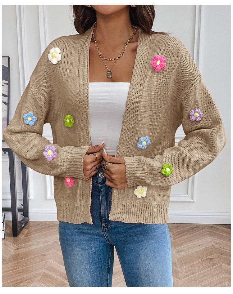 Floral Knitted Cardigan Sweater Coat for Casual Comfort  S Camel Knitted Sweater Coat 