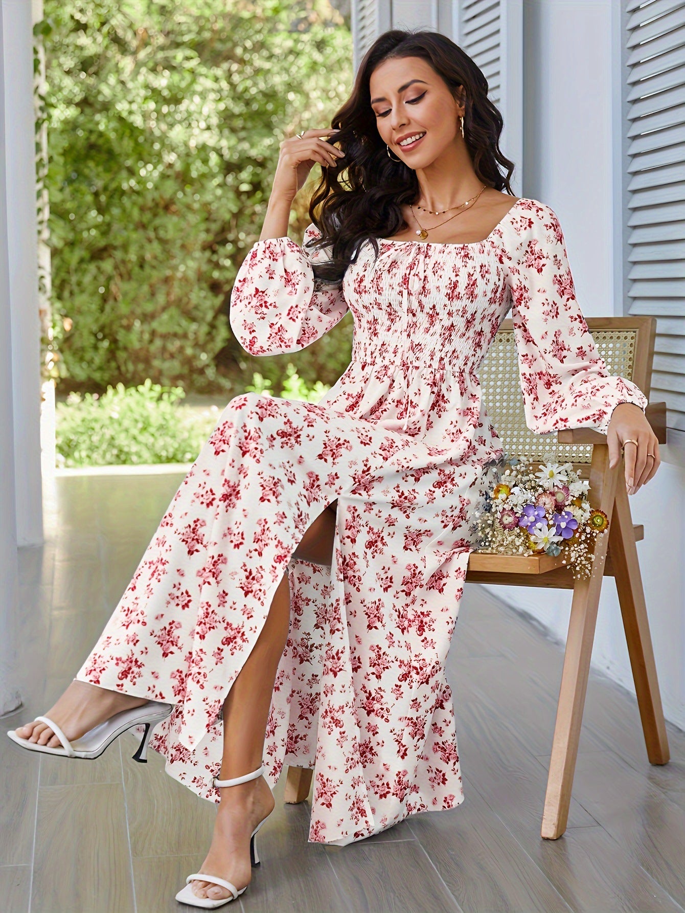 Spring Summer Romantic Elegant Women Dress Square Collar Smocking Long Sleeve Slit Floral Dress Dress - Wild Amber Fashion