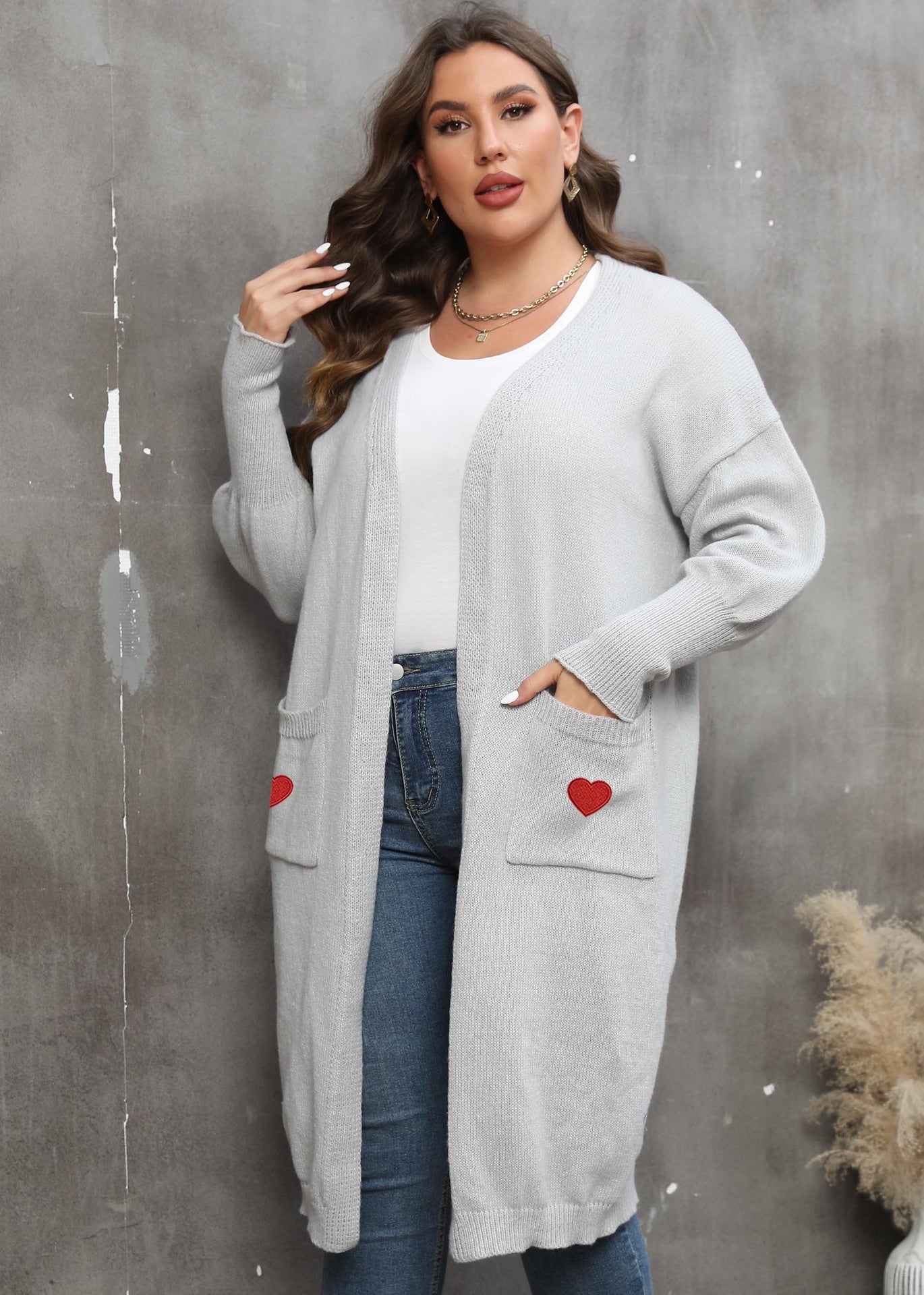 Women plus Size Women Clothes Mid Length Woven Sweater Love Double Pocket Lantern Sleeve Sweater Cardigan - Wild Amber Fashion