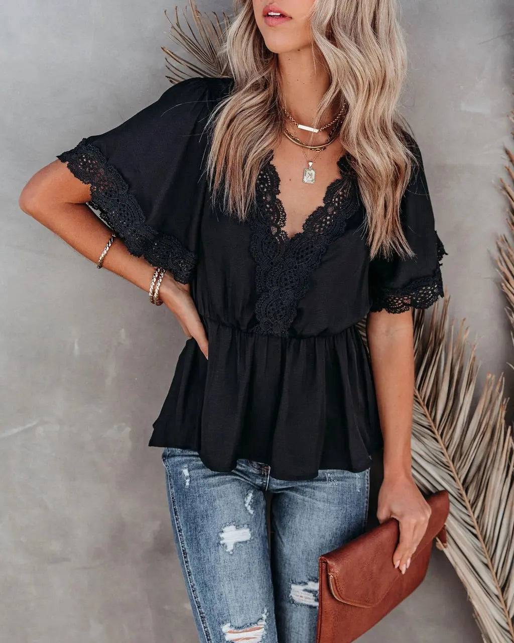 Sophisticated Lace Blouse with V-Neck and Short Sleeves  S Black 