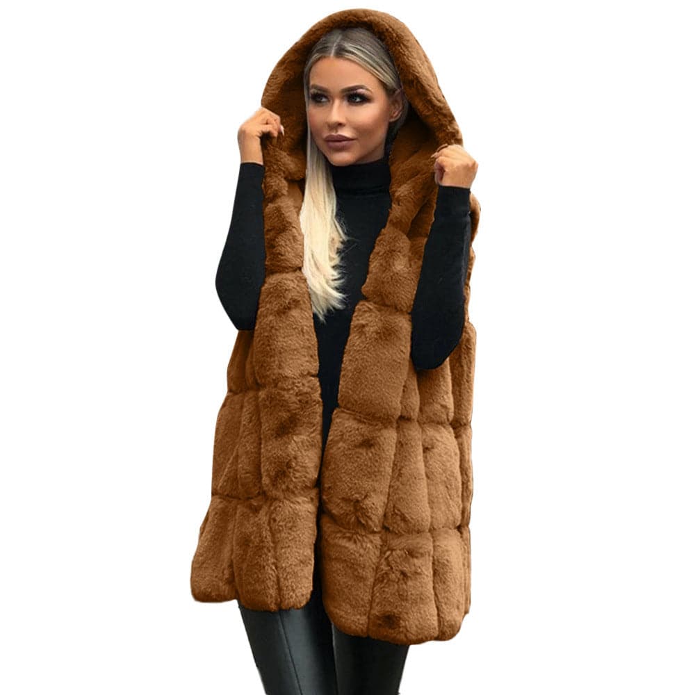 Faux Fur Hooded Vest for Women: Trendy Autumn/Winter Outerwear  S Coffee 