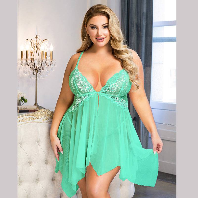 Plus Size Sexy Sleepwear Sling Irregular Asymmetric Slit Lace See through Sexy Nightdress - Wild Amber Fashion