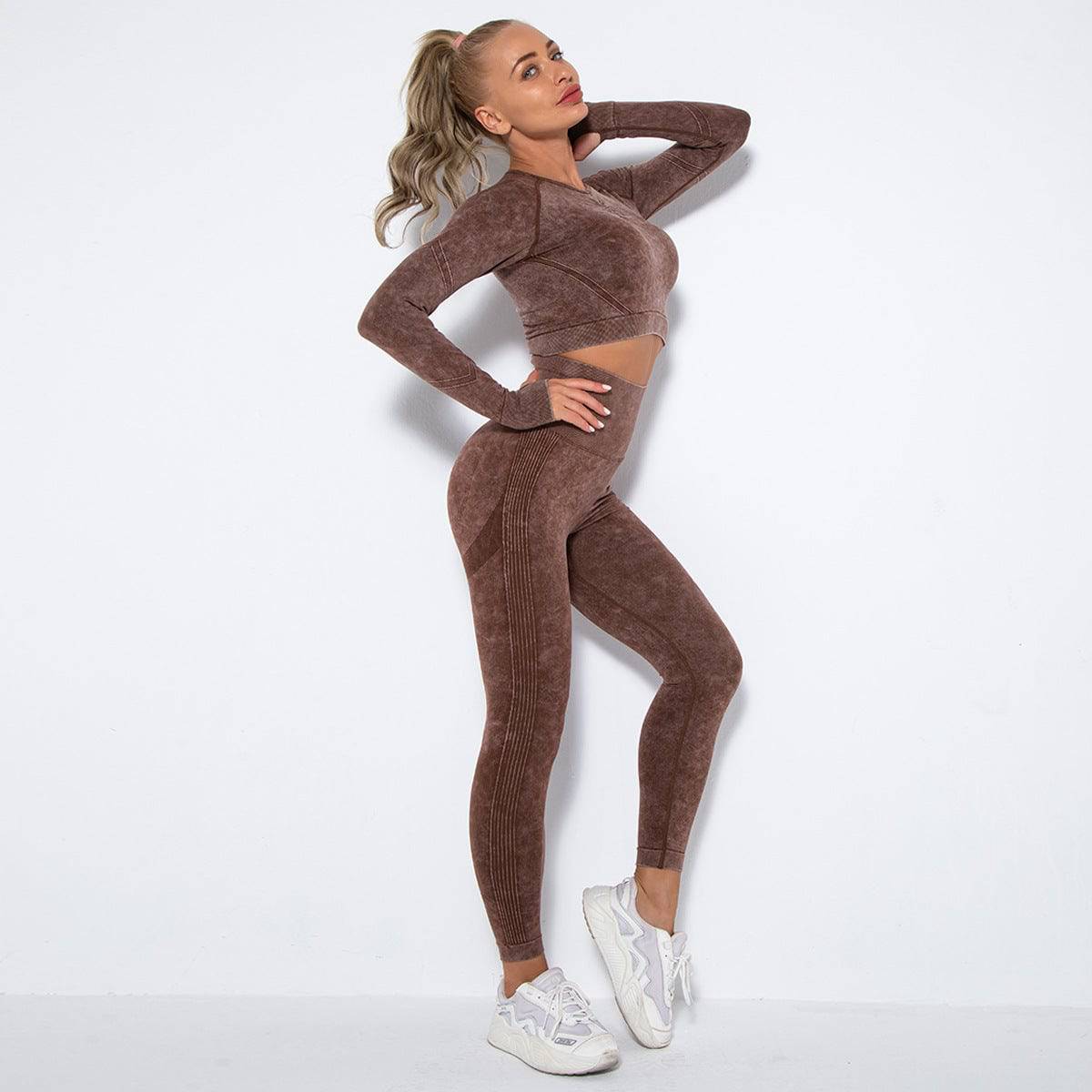 Flattering Seamless Washed Peach Yoga Suit for Sports and Running  S Long Sleeve Trousers Suit-Washed Coffee 