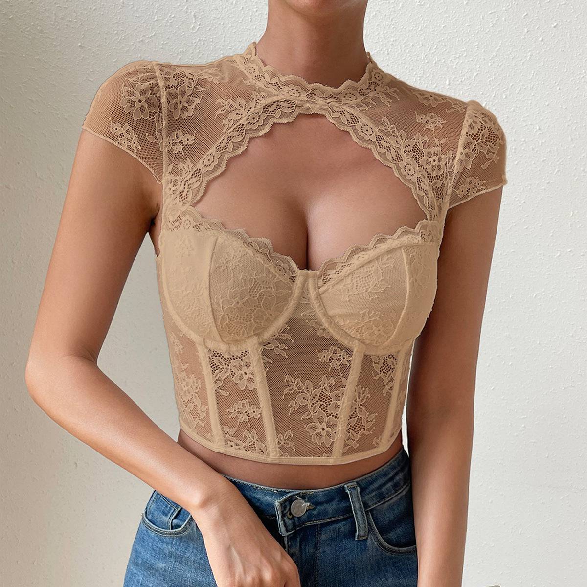 Sexy Lace Diamond Slim Fit Crop Top with Cutout Details  XS Khaki 