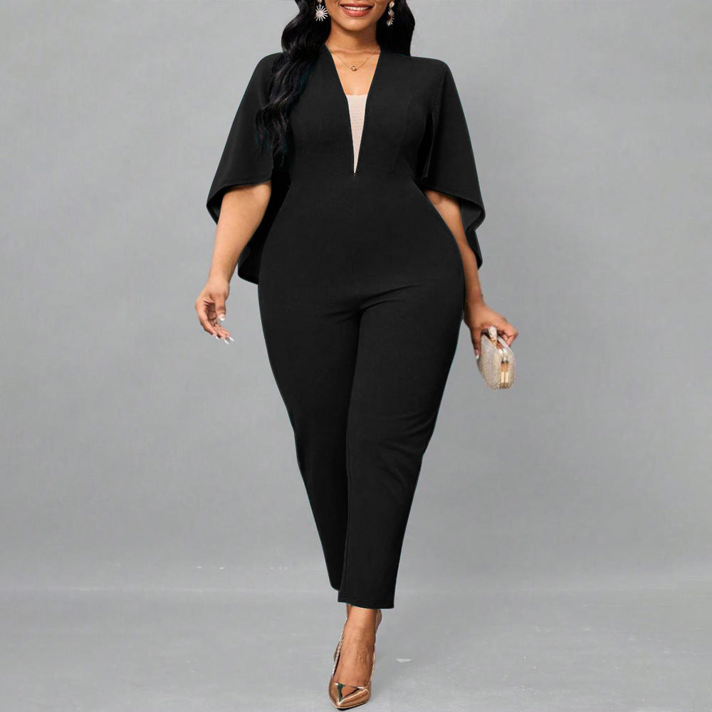 Plus Size Sexy Solid Color Bat Cloak Sexy V Neck Jumpsuit - Wild Amber Fashion