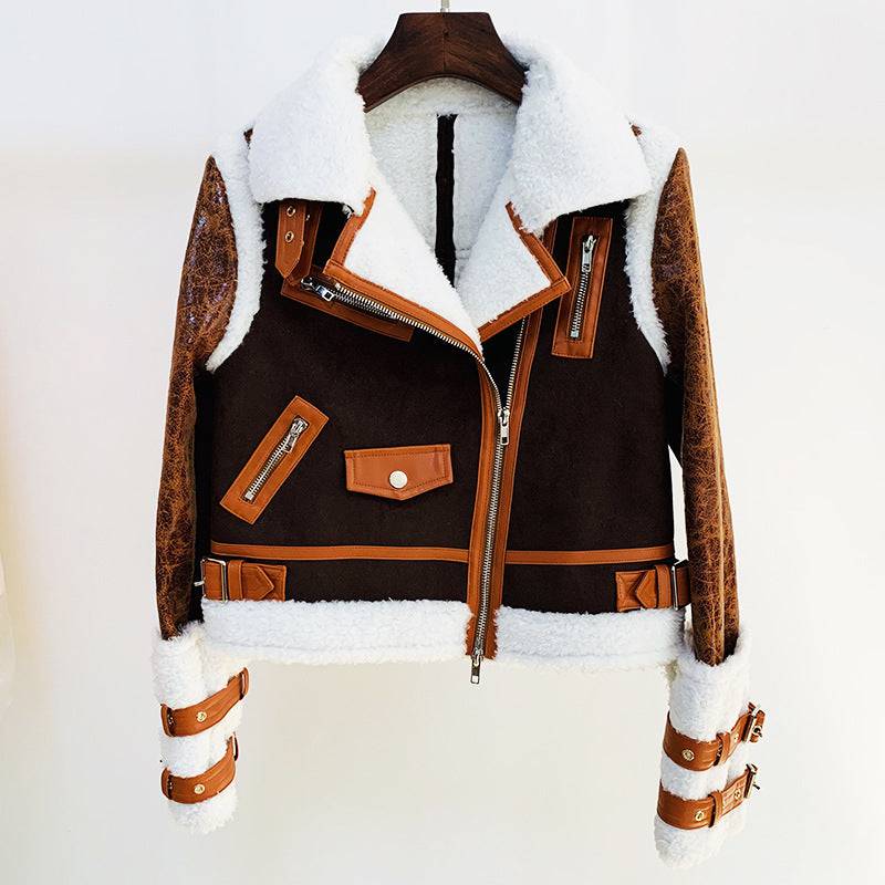 Winter Stars Deerskin Fur Stitching Short Jacket With Oblique Zipper  S Brown 