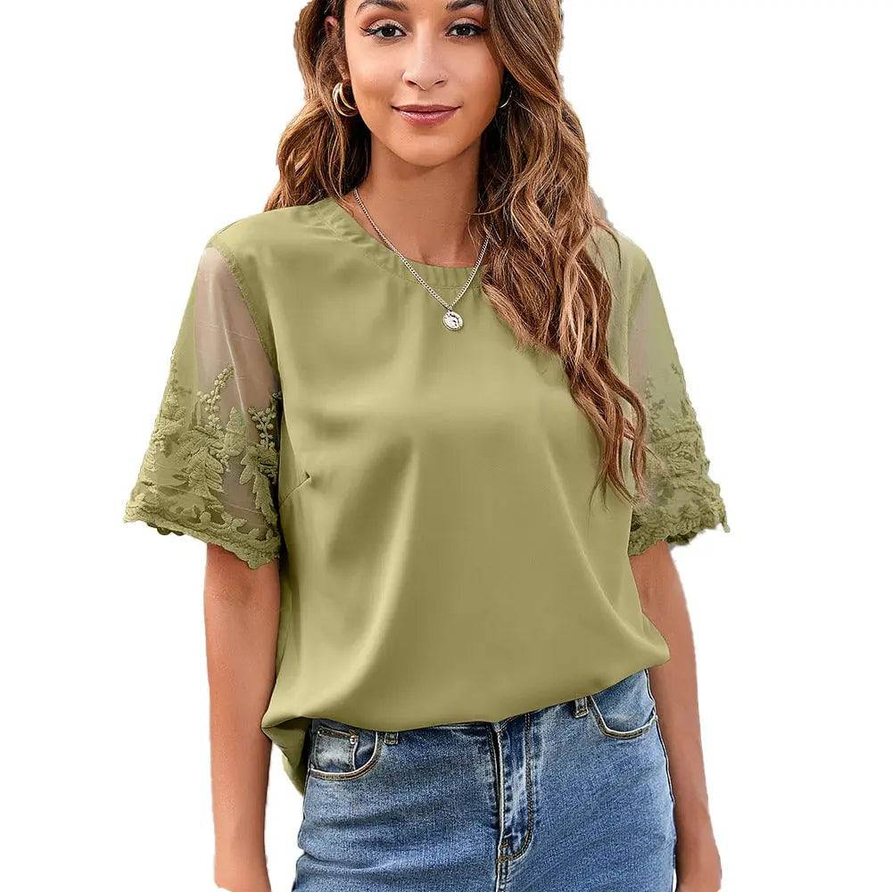 Elegant Women's Lace Chiffon Blouse  L Green 