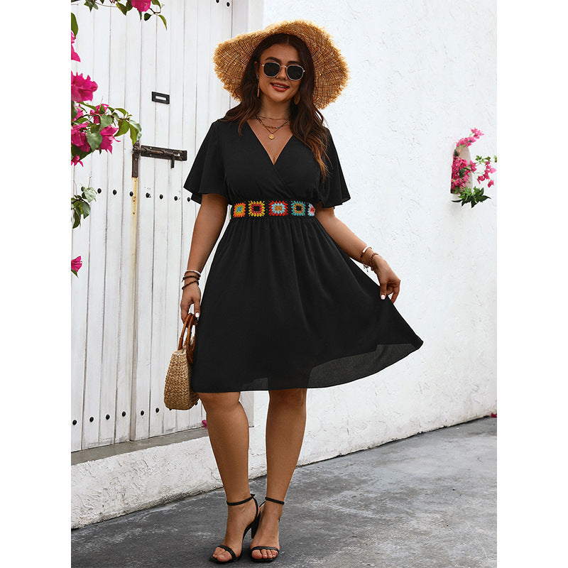 Plus Size V Neck Dress Summer Ladies Embroidered V Neck Sexy Slimming Dress - Wild Amber Fashion