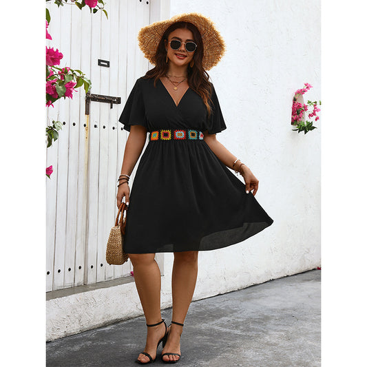 Plus Size V Neck Dress Summer Ladies Embroidered V Neck Sexy Slimming Dress - Wild Amber Fashion