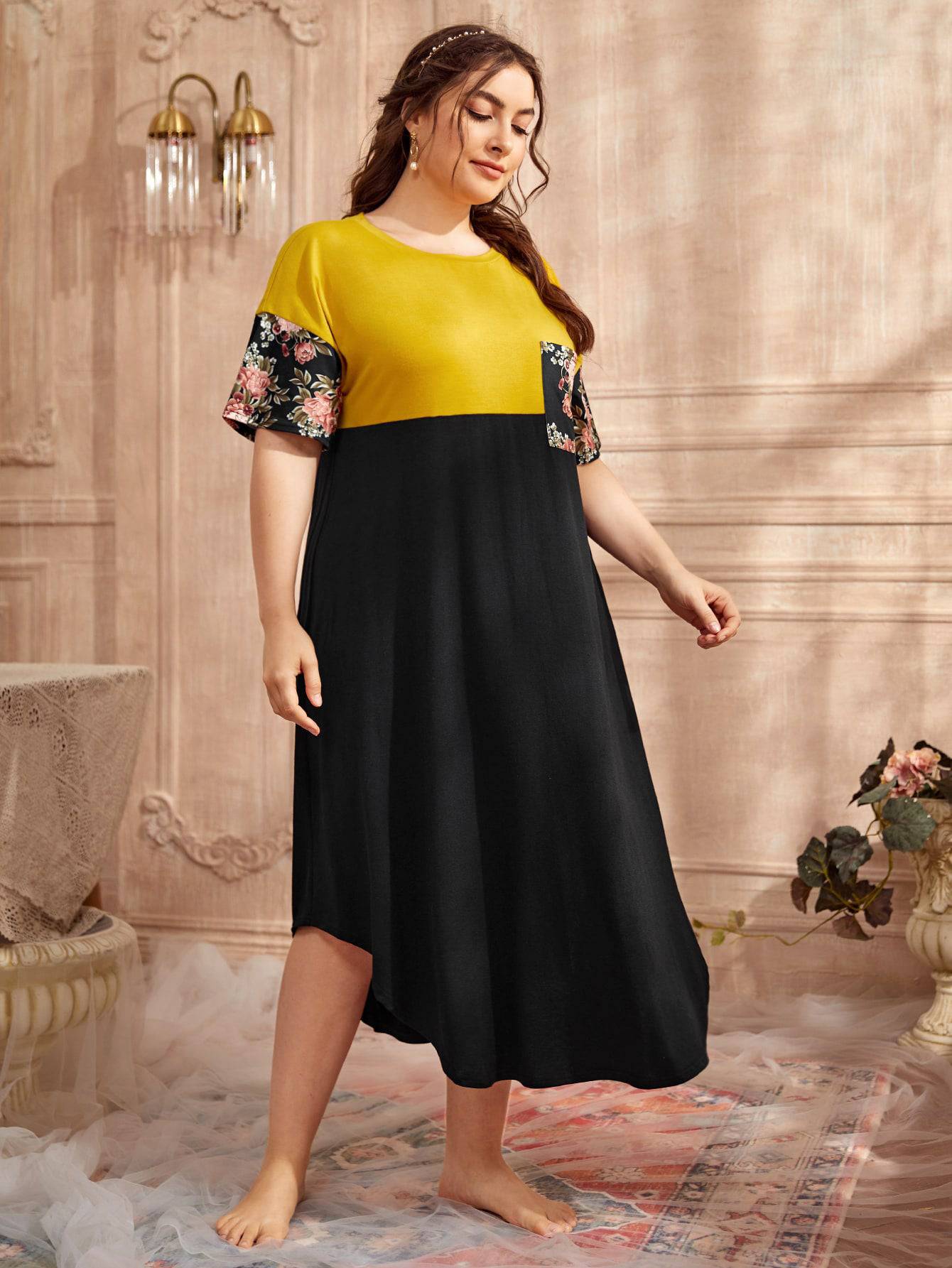 Plus Size Women Clothes Popular Irregular Asymmetric Hem Dress Stitching Printing Color Contrast Short Sleeve Pocket - Wild Amber Fashion